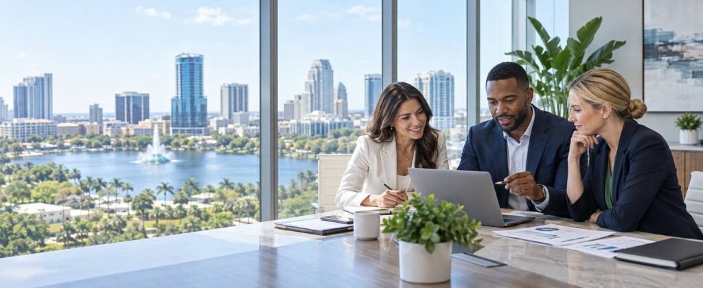 Business professionals meeting in a modern satellite office overlooking Downtown Orlando.