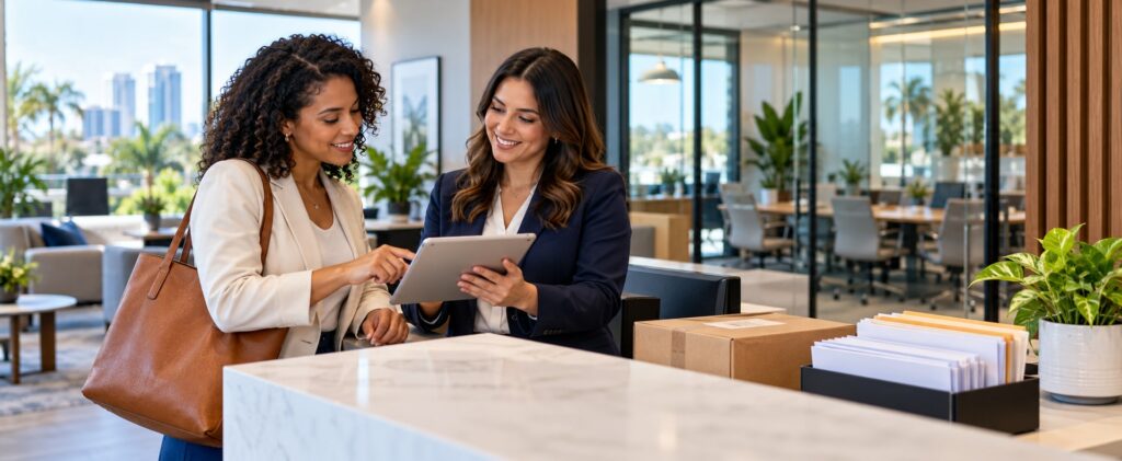 Business owner discussing a virtual office address for a Florida LLC in Orlando