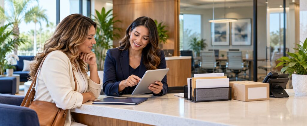 Business owner reviewing virtual office costs and services in Orlando