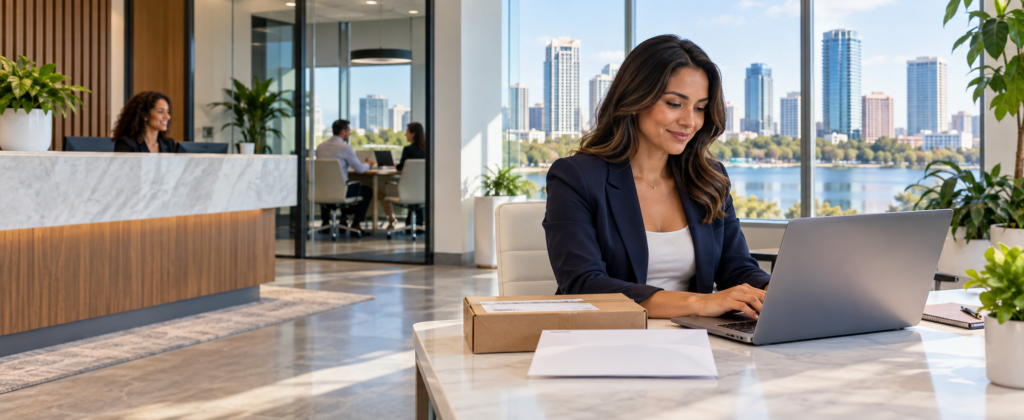 Business professional using virtual office services in a modern Orlando office