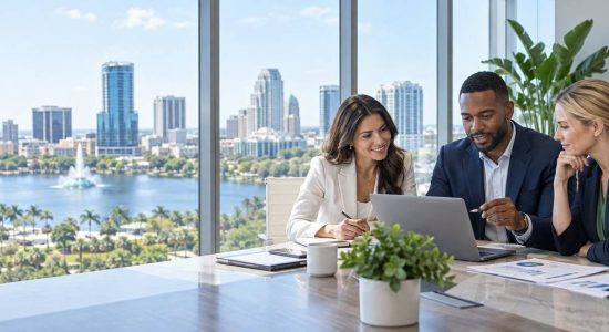 Business professionals meeting in a modern satellite office overlooking Downtown Orlando.